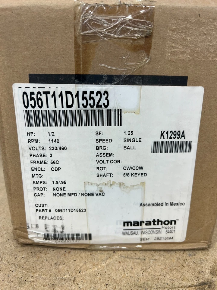 Marathon Motors 056T11D15523, 1/2 HP Motor, 1140 RPM, 230/460V, 3 Phase, K1299A - Image 4 of 4