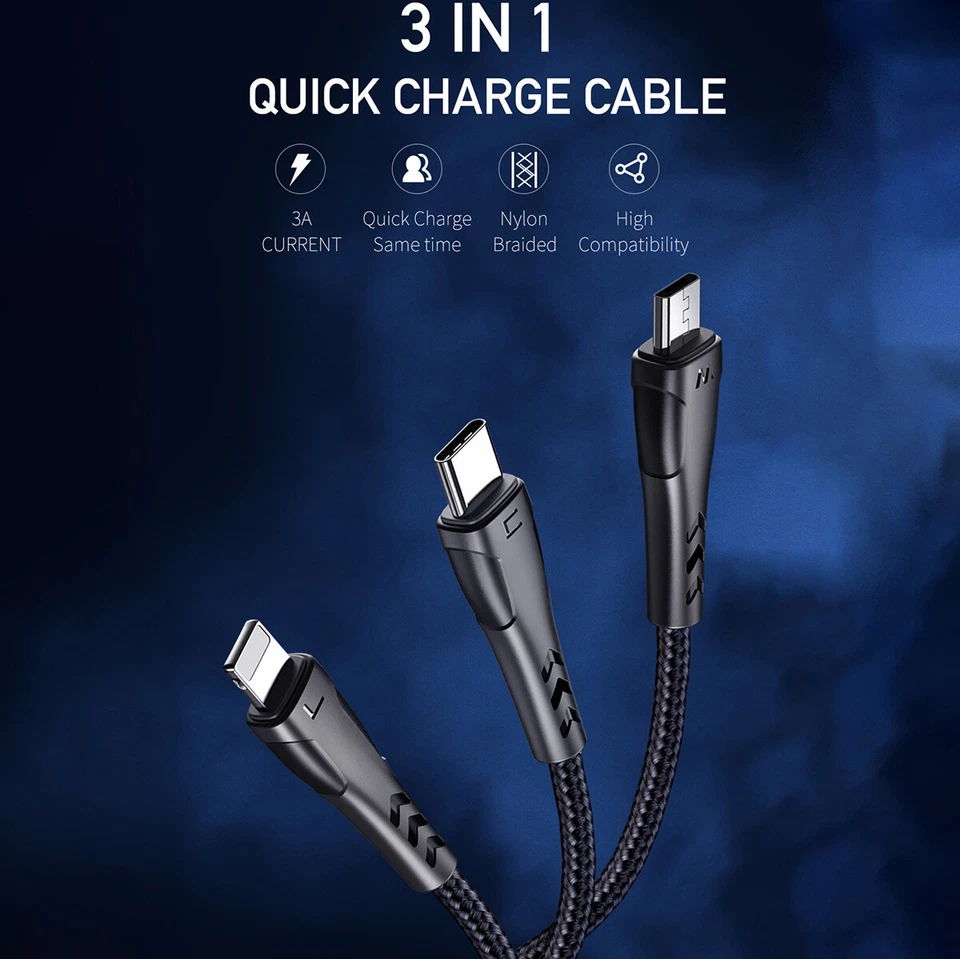 MCDODO 3 en 1 Micro USB Carga Tipo-C Carga Rápida Cargador Cable para iPhone Foto 2 de 4