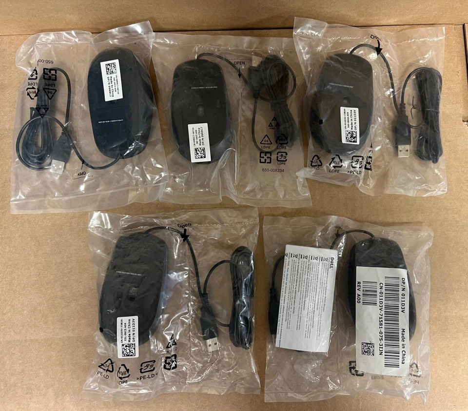 *LOT OF 5* NEW Genuine Dell MS111 Black Optical 3-Button Scroll Wheel USB Mouse - Image 2 of 2