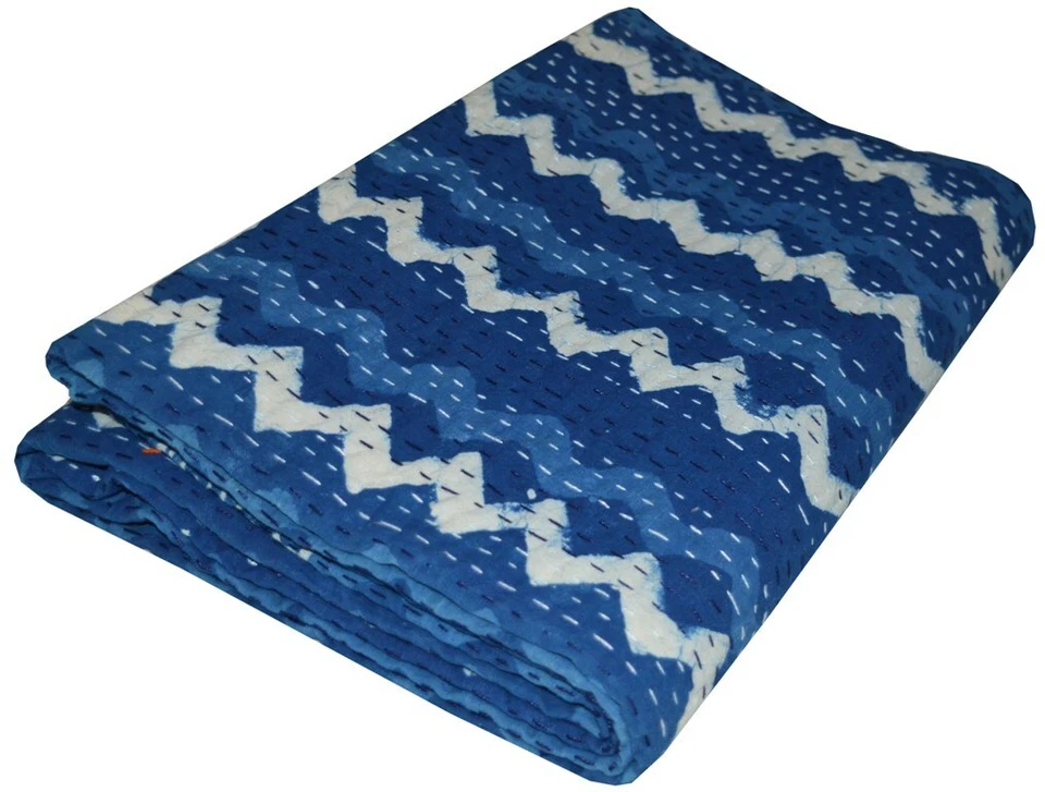 Colcha indiana feita à mão com estampa de bloco bordado Kantha cobertor duplo - Imagem 3 de 4