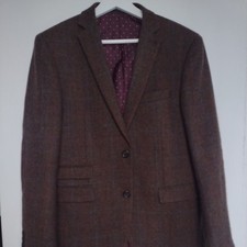 Next Tailored Blazer Jacket 100% Wool Brown Check Elbow Patch Size 38S