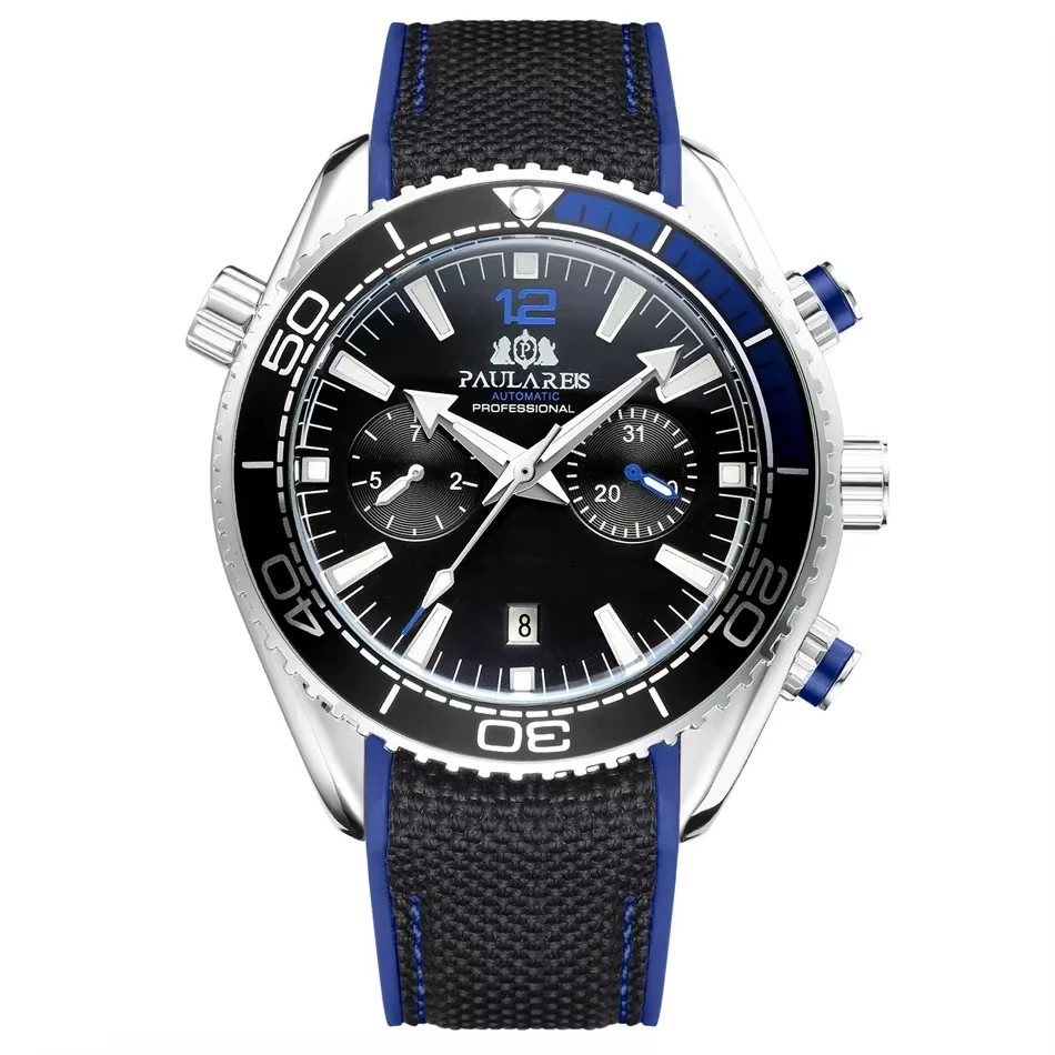 Montre automatique pour hommes avec bracelet en caoutchouc orange et bleu de 42mm