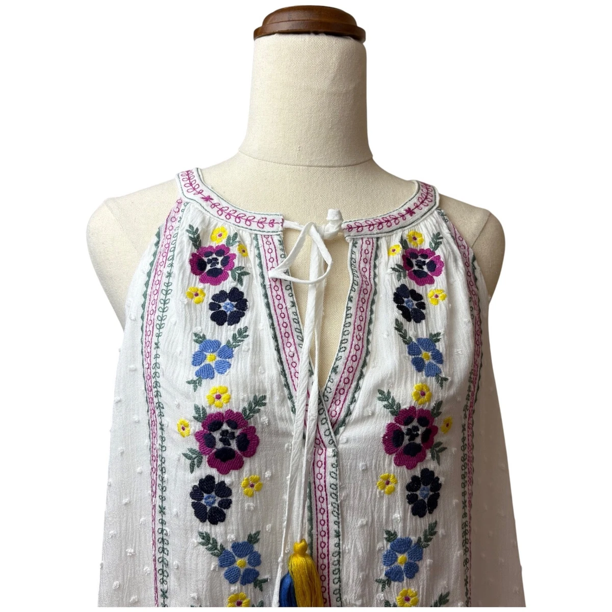 Aliya Womens Floral Embroidered Tassel White Top Size M Peasant Festival Boho