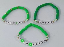 3 Fun St Patrick's Day Stretch Beaded Bracelets Quotes Green 7 1/2" Irish