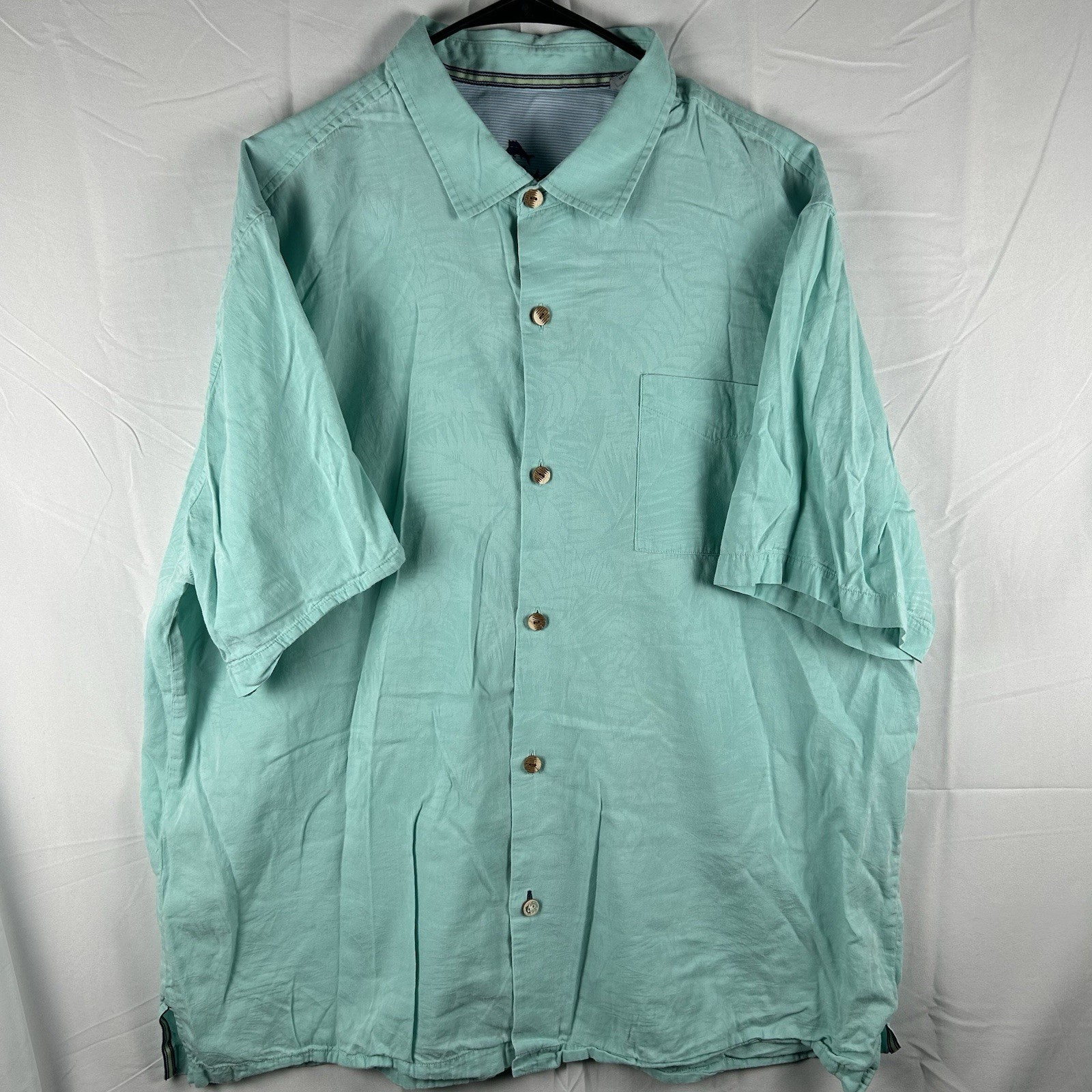 Tommy Bahama Shirt Mens 2XL Teal Silk Blend Floral Jacquard Hawaiian Camp Casual
