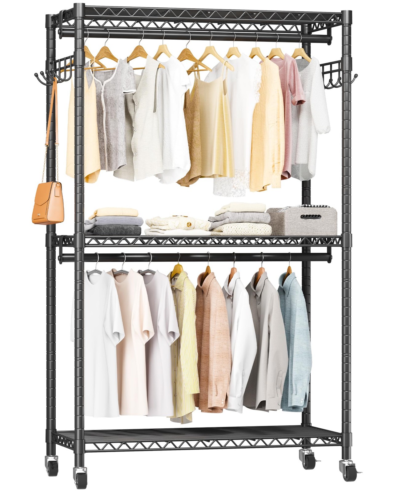 Heavy Duty Rolling Garment Rack with Adjustable Wire Shelving 3 Tiers Clothes