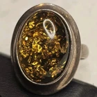 Vintage Green Amber Cabochon Ring 925 Sterling Silver Size 7 Statement