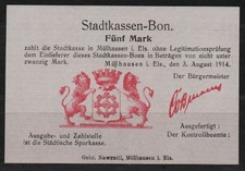 [30867] - Notgeld MÜLHAUSEN (heute: Mulhouse), Sparkasse, 5 Mark, 03.08.1914, Di