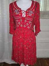 Wonderly Red Embroidered Lace-Up Boho Midi Dress