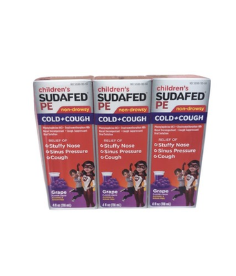 #ad 3 Pack Children#x27;s Sudafed PE Cold and Cough Grape Liquid 4 Oz Ounce Each 1 27 $17.99