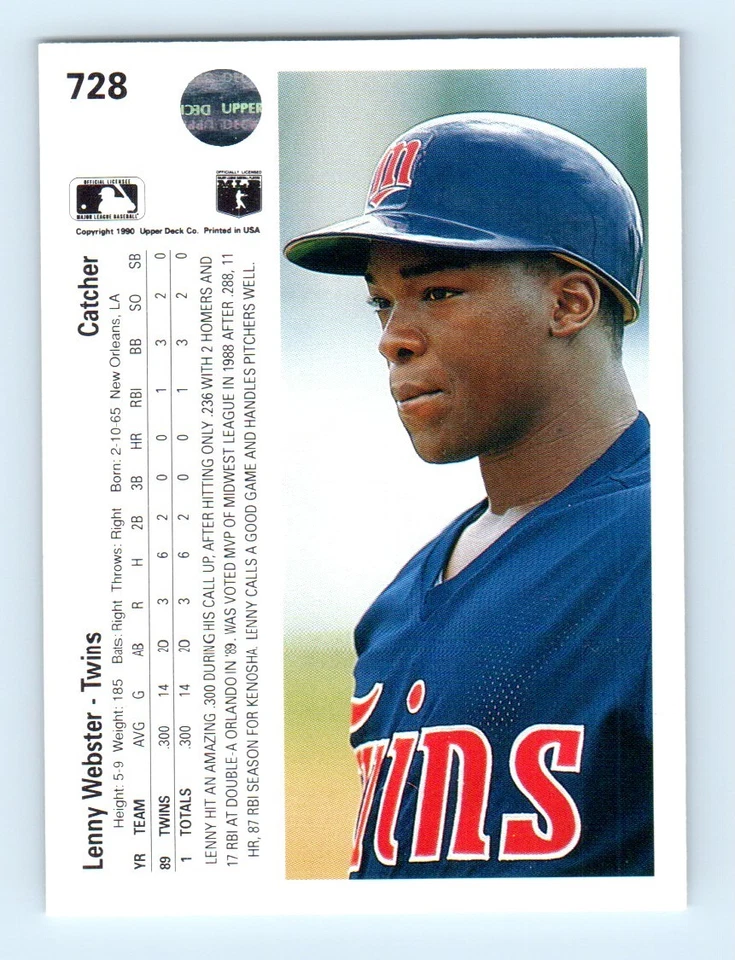 1990 Upper Deck ! Lenny Webster Rookie Minnesota Twins #728 - Image 2 of 2