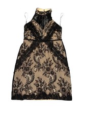 ASTR the Label Mini Dress Womens L Black Beige Lace Overlay High Neck Open Back