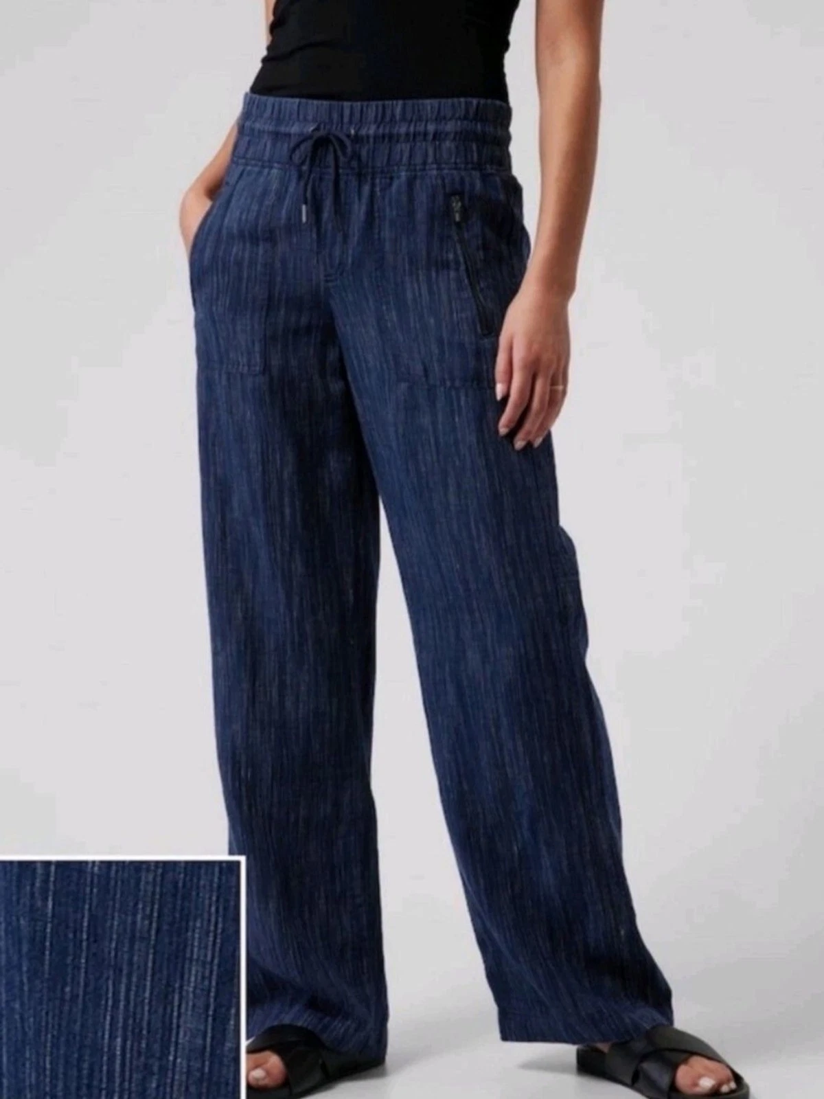 Athleta Womens Rain Dance Blue Cabo Linen Textured Wide Leg Pull On Pants Size 6