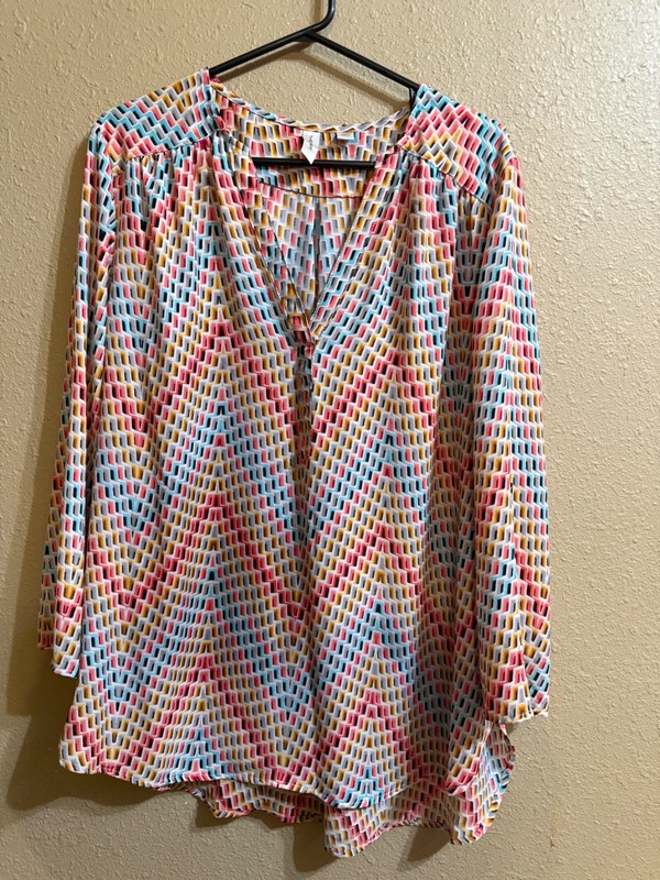 TACERA SEMI SHEER WOVEN TUNIC TOP BLOUSE SZ XL MULTI PRINT 3/4 SLEEVES