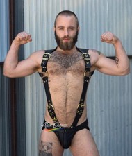 Men Leather Harness Body Chest Armor Buckles Gold Accessory zipper Adjust jock..