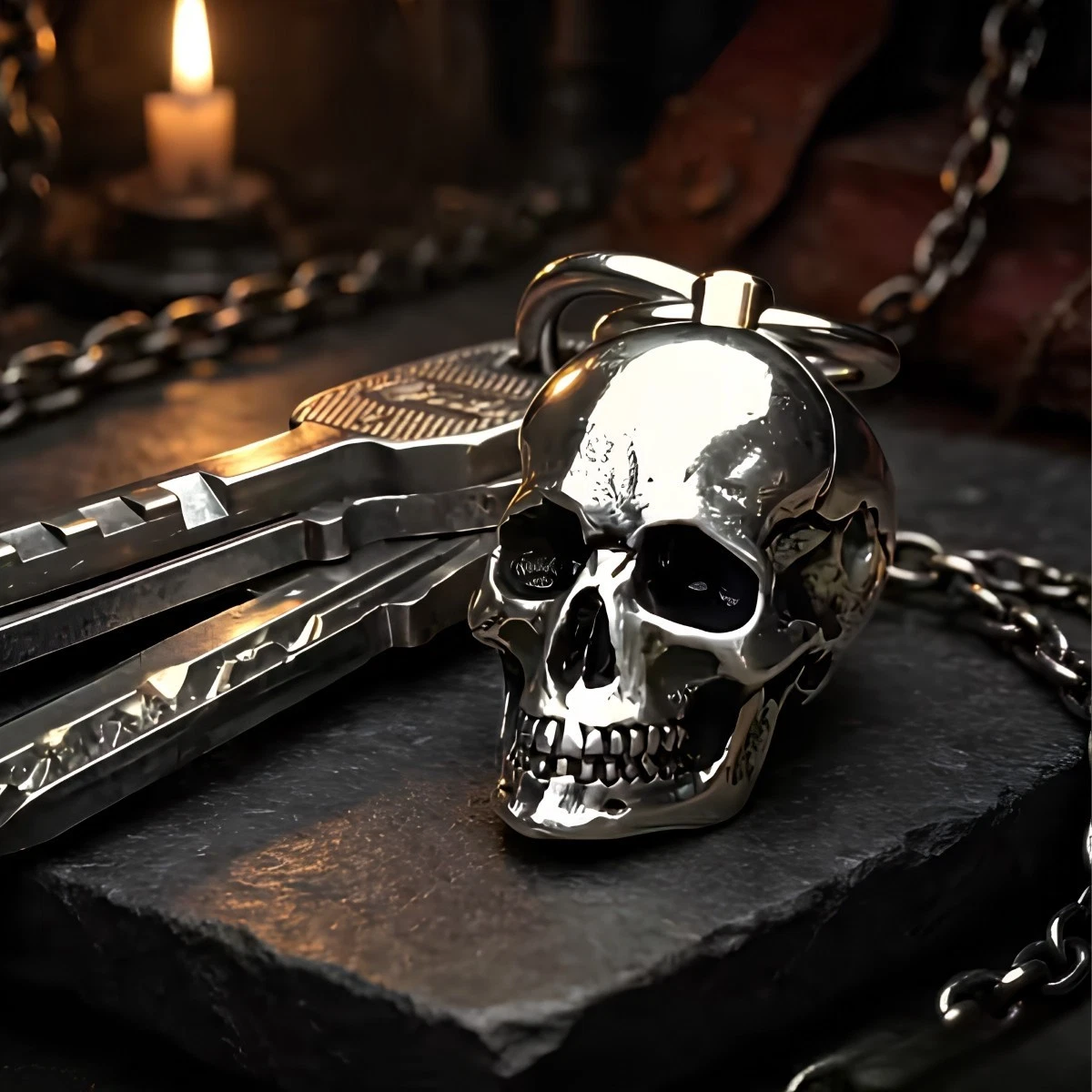 Skull Keychain Steely Heavy Metal Bike Accent