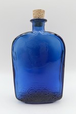 Vidrios de Levante Blue Recycled Art Glass Floral Embossed Bottle 7" Spain