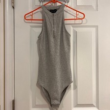 TOPSHOP Ribbed Grey Halter Neck Zip Front Bodysuit