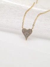 Gold Pave Cz Heart Necklace 925 Sterling Silver Pendant 9mm(0.35") 17.75" Tiny