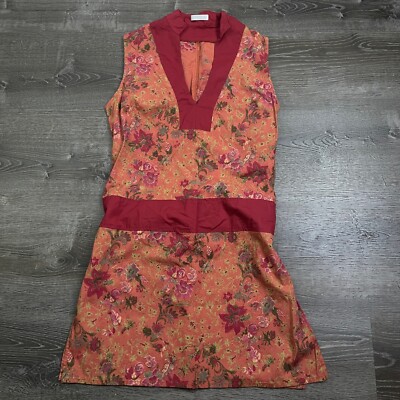 Promod Womans Shift Dress V-Neck Orange Floral Colorful Tie Zip Size 14