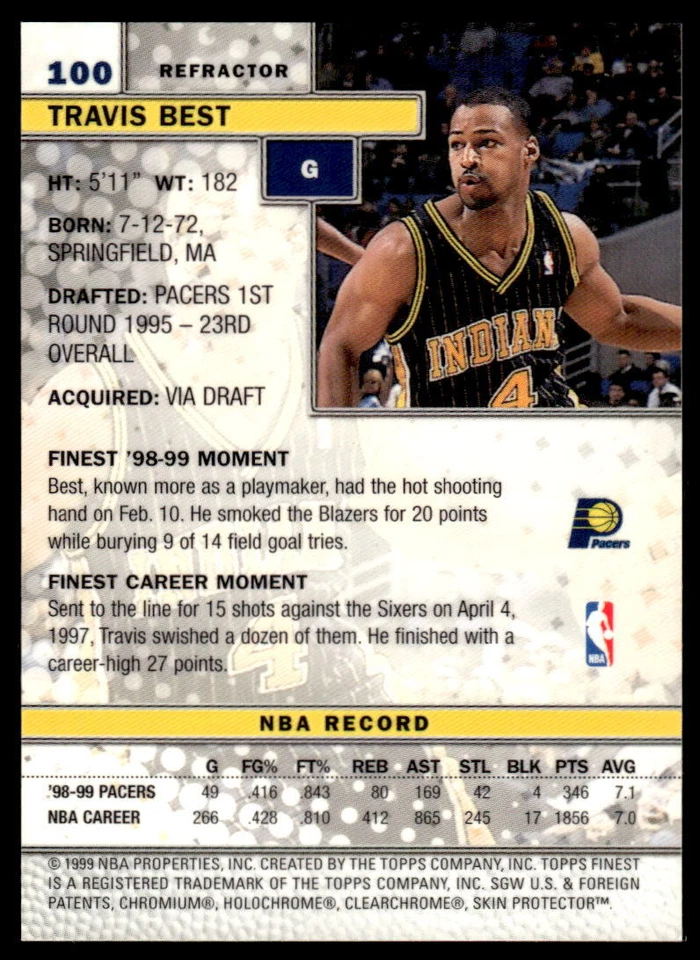1999-2000 Topps Finest #100 Travis Best Basketball Pacers - Image 2 of 2