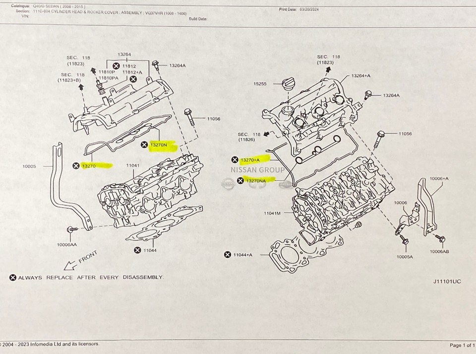 INFINITI Valve Cover Gasket Set 13270EY01A 13270EY01B Fit for G37 QX50