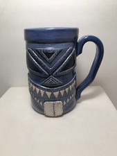 NEW HANDMADE CERAMIC TIKI MUG HOLDS 28 FLUID OUNCES 6" TALL BLUE MADE IN USA