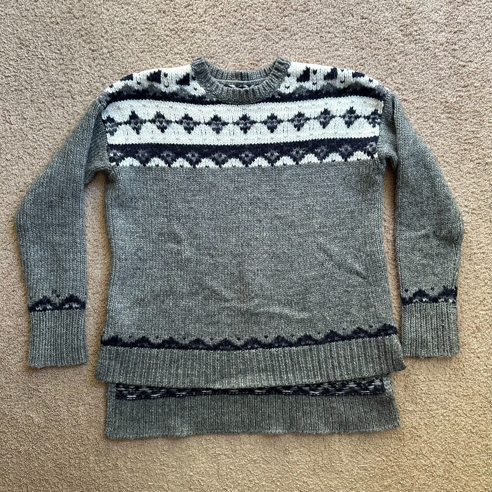 Loft Sweater Womens Small Crewneck Wool Blend Fair Isle Long Sleeve Grey White