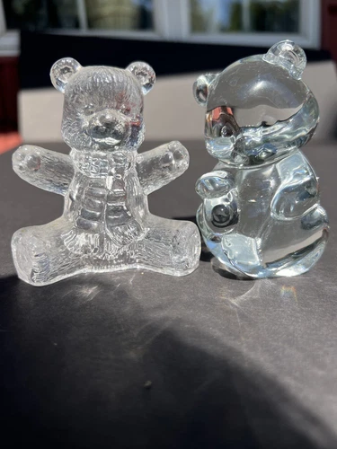 Fenton Art Glass Bears Lot 2 Figure Clear Paperweight Figurine Both 3.25" T