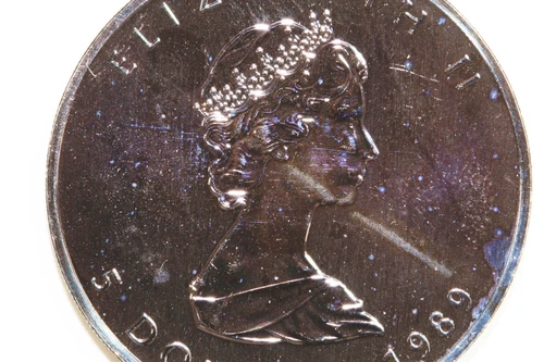 1oz 999 Fine Silver Canadian Maple Leaf Purple Tone Grades MS (CA-1989-10)