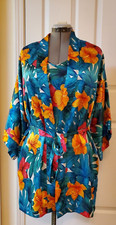 VTG Val Mode Lingerie Hibiscus Palm Satin Cami Kimono Robe Size Small USA