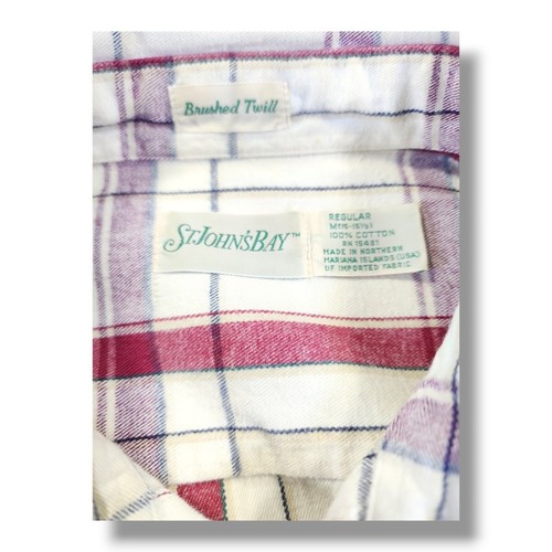 Vintage St Johns Bay USA Made White/Red Brushed Twill Plaid Flannel Men's Med - Picture 9 of 13