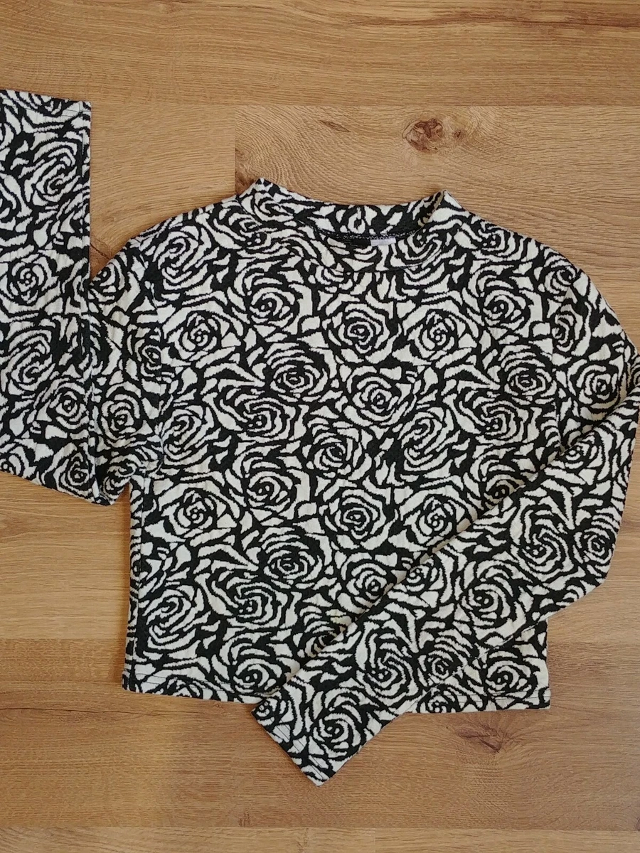 H M Ladies Teen M Black and White Floral Long Sleeve Crop Top eBay