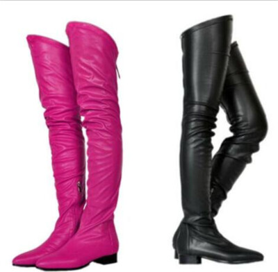 Fashion Women's Boots Over Thigh High Boots Low Chunky Heels Faux Leather Shoes