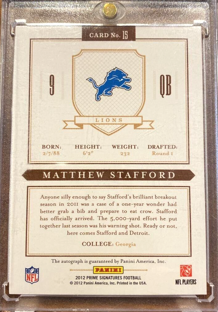 2012 Panini Prime Signatures - Matthew Stafford #15 Gold 2012 Panini Prime Signatures - Matthew Stafford #15 Gold