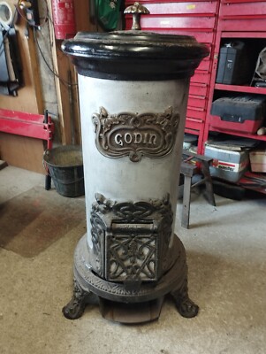 Poêle Godin Radium Polycombustible Bois Charbon, Fonte Acier, 80kg, Ancien
