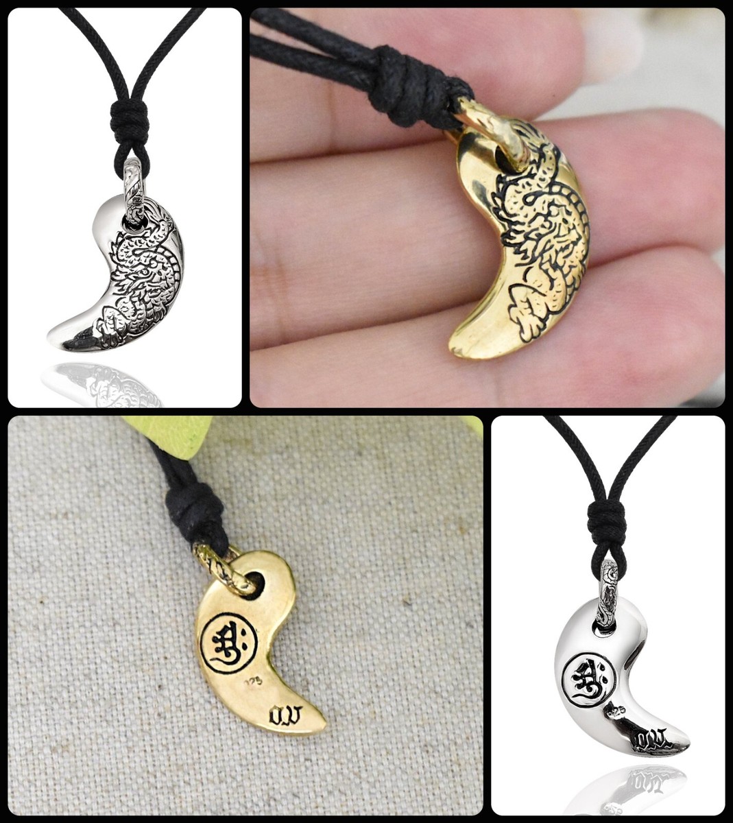 Yin Yang Japanese 92.5 Sterling Silver Gold Brass Charm Necklace Yin Yang Japanese 92.5 Sterling Silver Gold Brass Charm Necklace