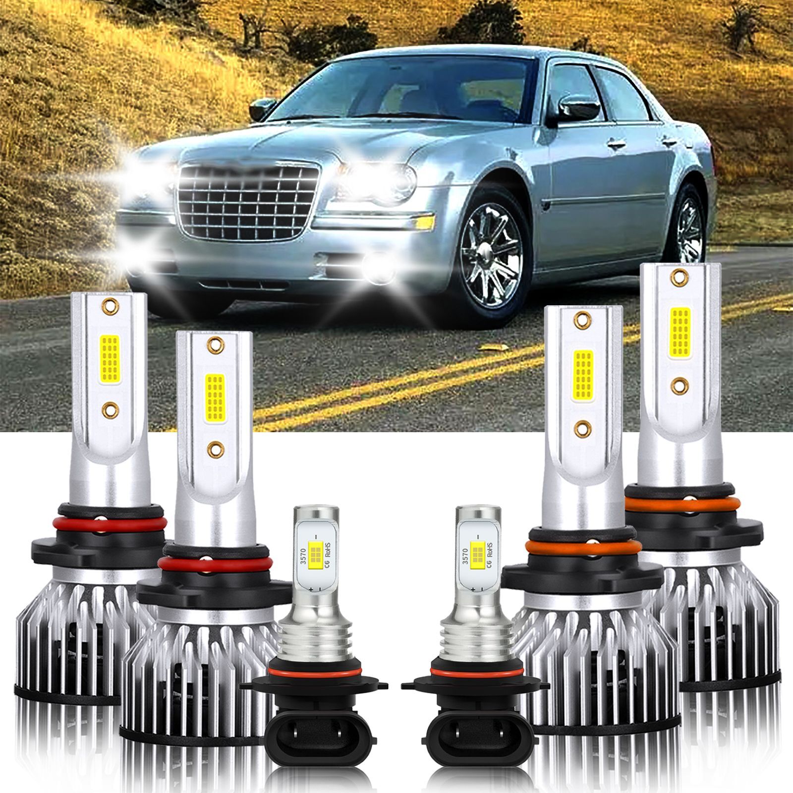 6PCS LED Headlight + Fog Light Bulbs kit Combo 6000K For Chrysler 300 2005-2009