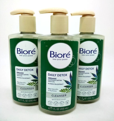 Biore Daily Detox Cleanser with Cannibis Sativa Seed Oil & Green Tea 3-PACK NEW