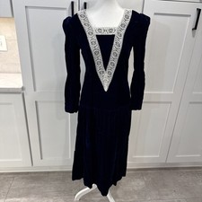 Vintage Gunne Sax Jessica McClintock Blue Velvet Dress White Floral Lace Sz 9