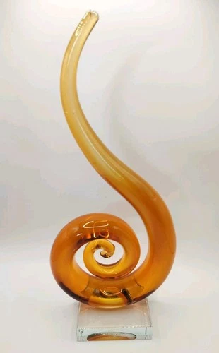 Vintage Hand-Blown Murano Art Glass Sculpture Swirl Scroll Caramel Orange 12"
