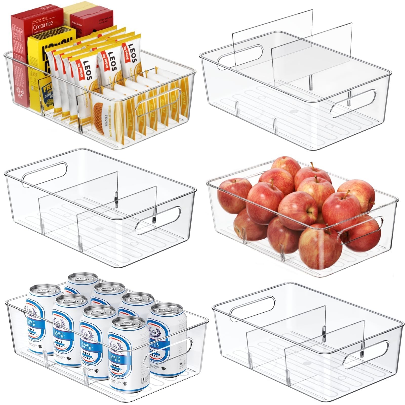 6 Pack Clear Plastic Pantry Organizers with Dividers for Kitchen & Fridge Storag