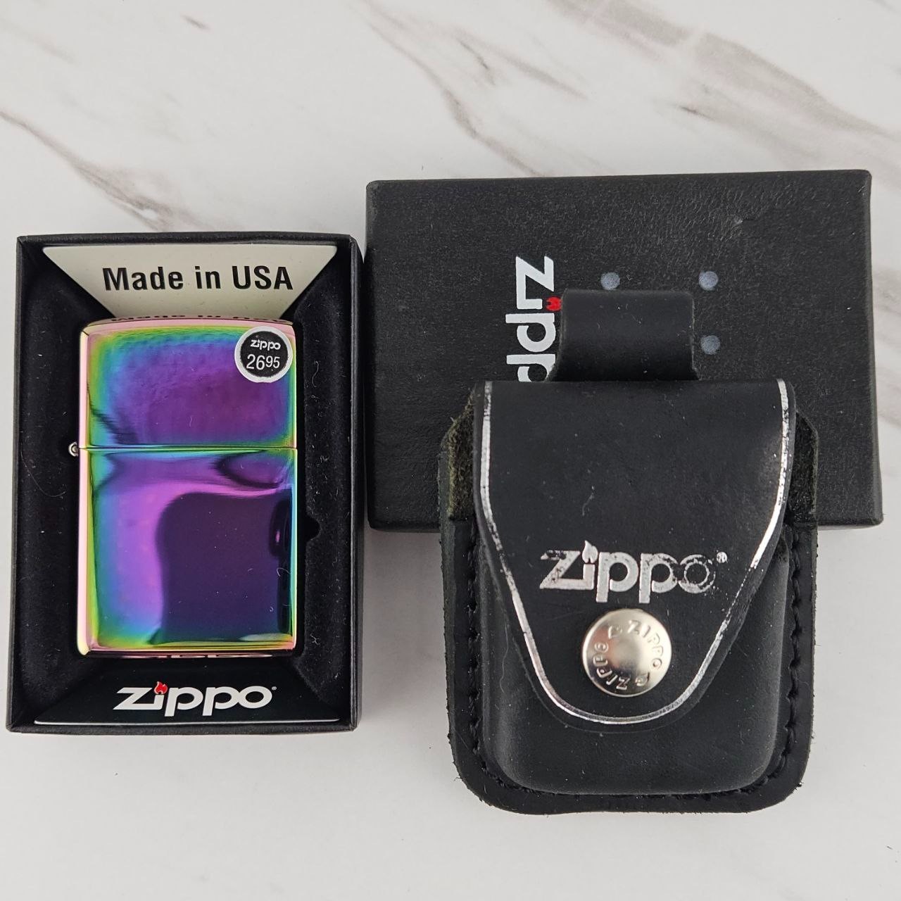 Zippo Lighter Iridescent Spectrum Purple Made in USA w/ Box & Leather Pouch