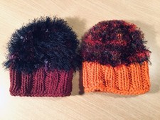 2 Handmade Knitted Stocking Caps W/Fuzzy Tops - 1  Maroon, 1 Orange - Unused