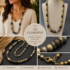 Liz Claiborne VTG 90  s Chunky Bead Necklace Mixed Gold Silver Brown Statement
