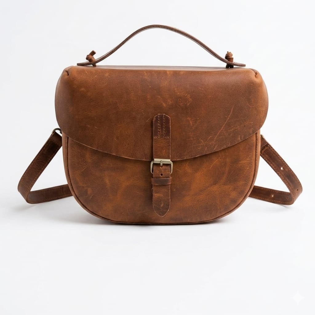 Vintage Style Brown Leather Crossbody Satchel Bag &ndash; Adjustable Strap & Buckle