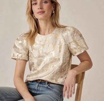 J.CREW Ivory & Gold Floral Jacquard Crew Neck Puff Sleeve Blouse XS