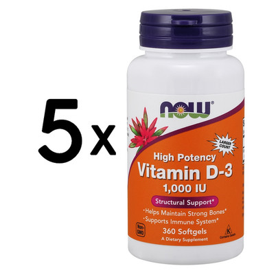 5 x NOW Foods Vitamin D-3, 1000 IU - 360 softgels (36,08 EUR/kg)