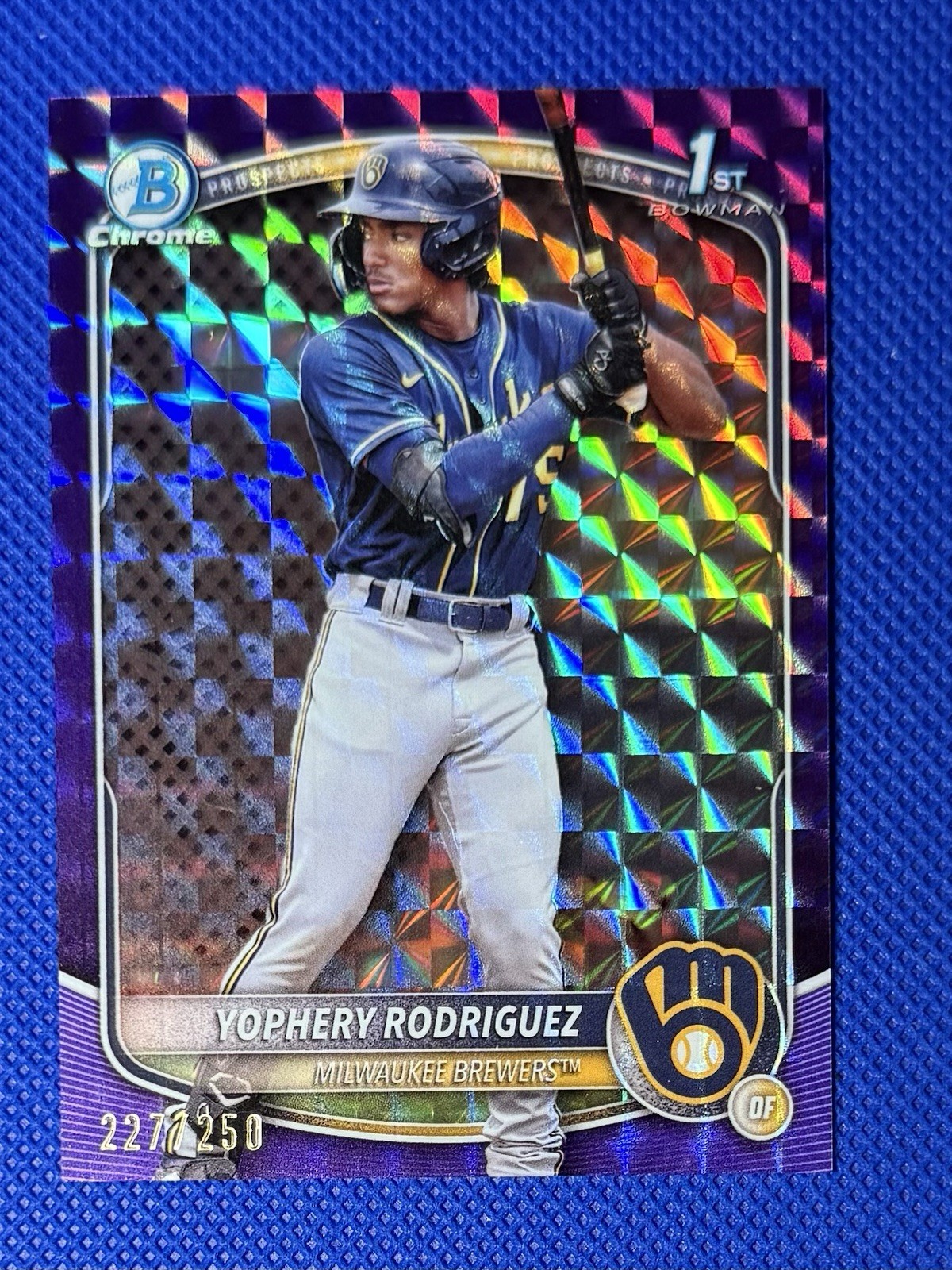 2025 Bowman Yophery Rodriguez Chrome Purple Geometric Refractor /250 1st Brewers