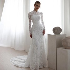 Lace High Neck Mermaid Wedding Dresses Customized Court Train Bridal Gowns